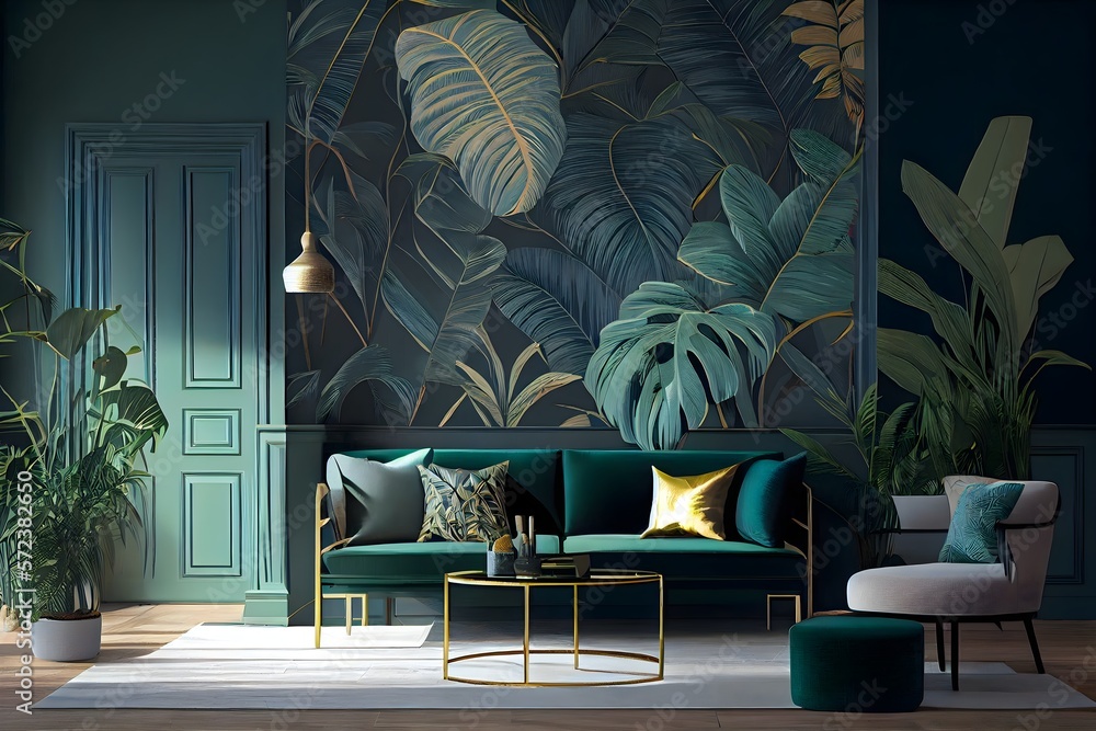 Hotel living room with classic tropical plant wallpaper, tropical ...
