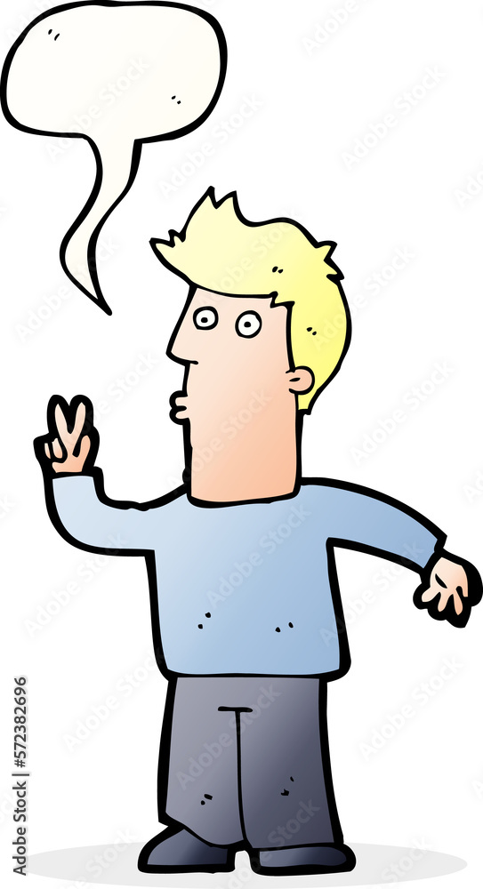 cartoon man giving peace sign with speech bubble