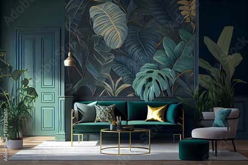 Hotel living room with classic tropical plant wallpaper, tropical interior design, generative ai, and green as the Color of the Year for both the living and internal spaces. photo