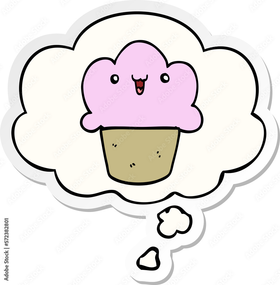 cartoon cupcake with face and thought bubble as a printed sticker cartoon cupcake with face and thought bubble as a printed sticker