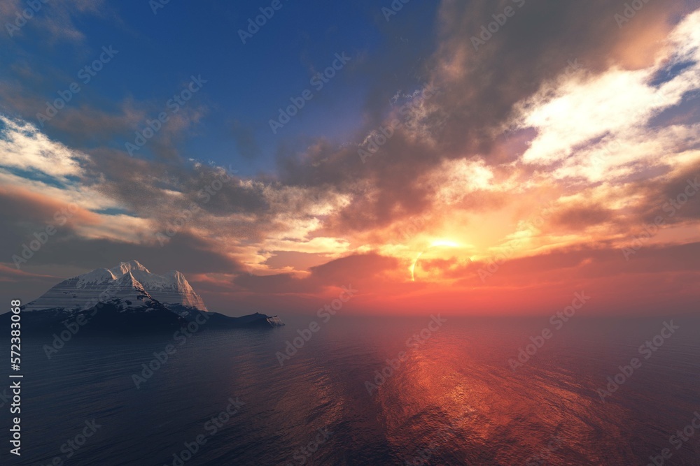 Beautiful sea sunset over the ocean near the island with a snowy peak, 3d rendering