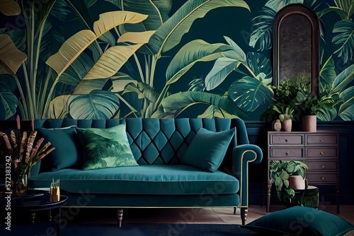 Hotel living room with classic tropical plant wallpaper, tropical interior design, generative ai, and green as the Color of the Year for both the living and internal spaces. photo