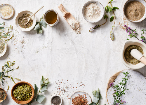 Various spices arranged on table