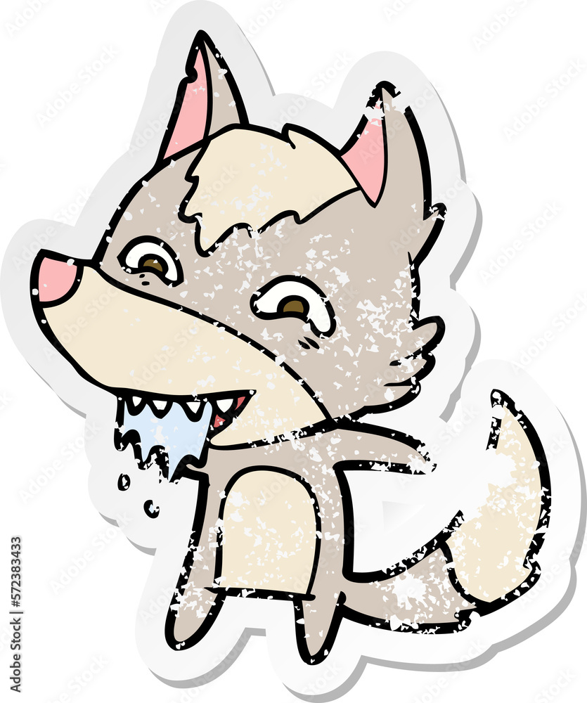 distressed sticker of a cartoon hungry wolf distressed sticker of a cartoon hungry wolf