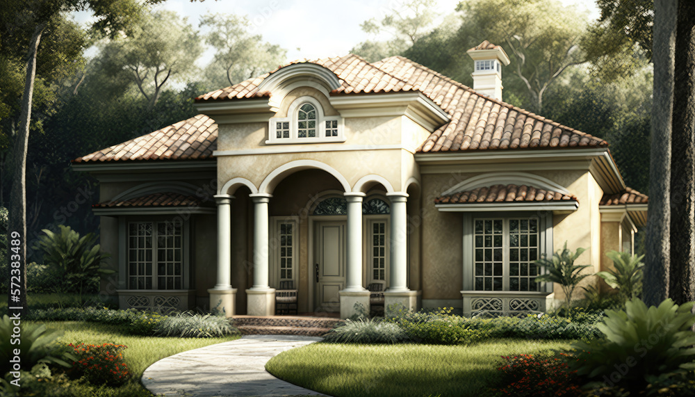 Fototapeta premium Florida real estate, beautiful house with garage, yellow, grey, brown