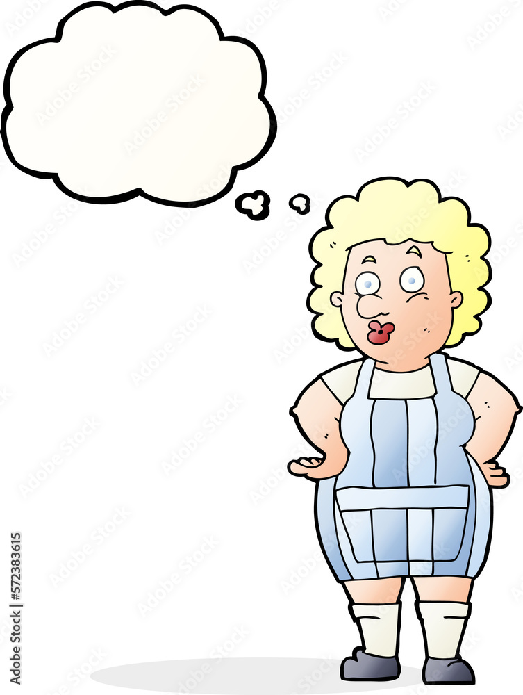 cartoon woman in kitchen apron with thought bubble cartoon woman in kitchen apron with thought bubble