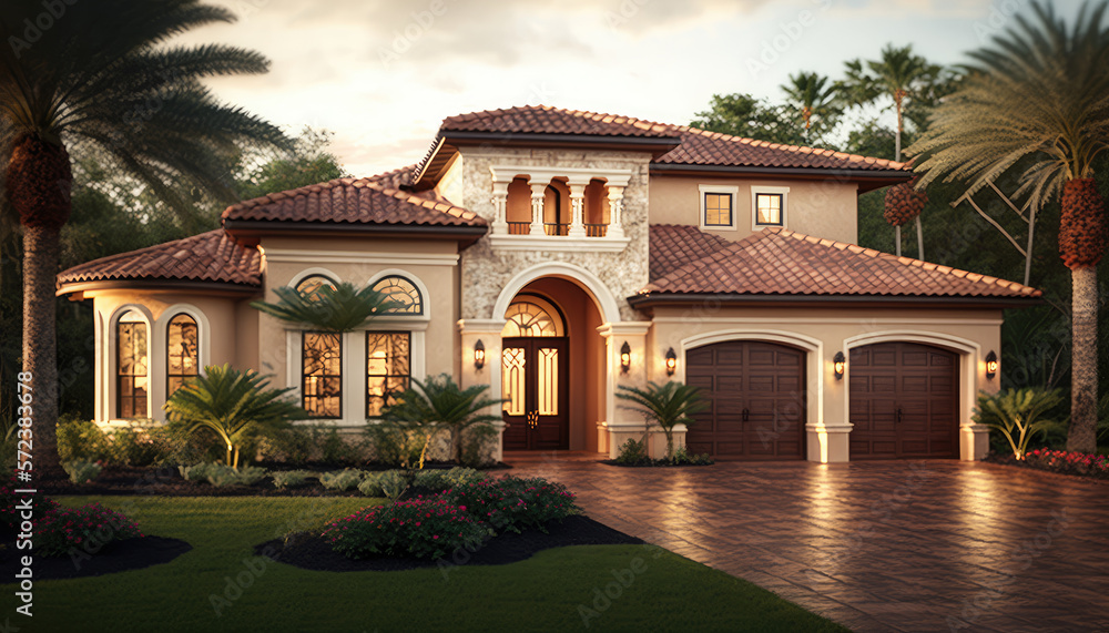 Florida real estate, beautiful house with garage, orange, grey, brown