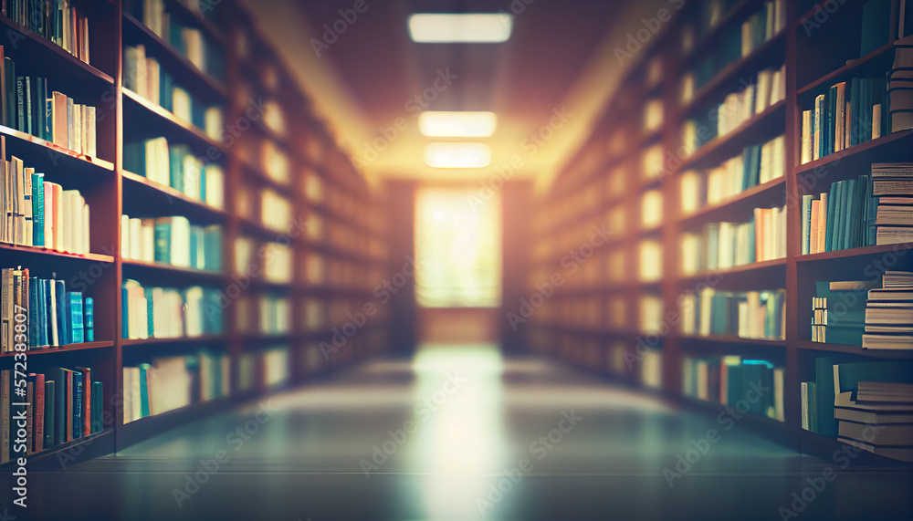 Empty college library, blurry hallway. generative AI