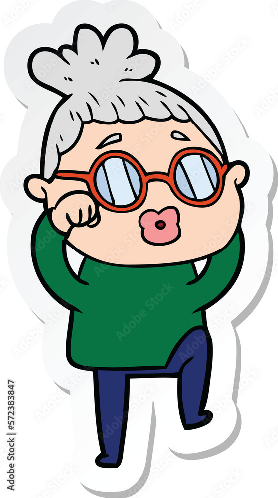 sticker of a cartoon tired woman wearing spectacles