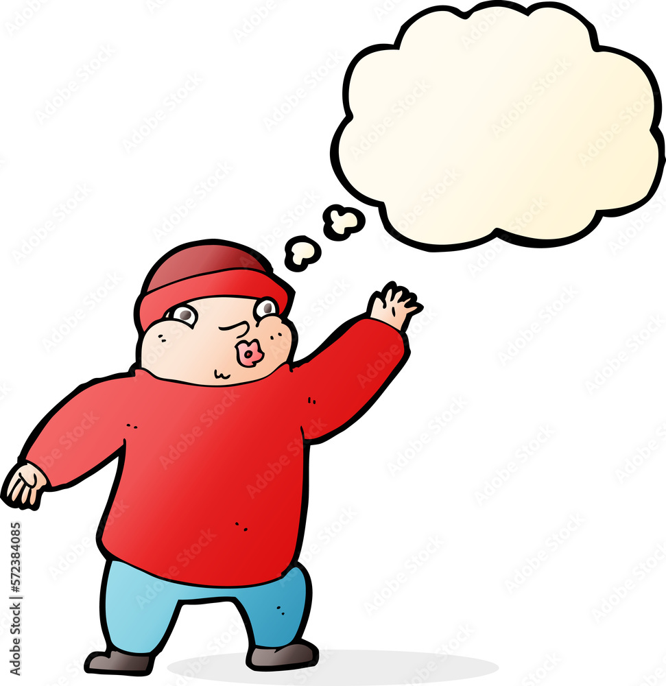 cartoon man in hat waving with thought bubble cartoon man in hat waving with thought bubble