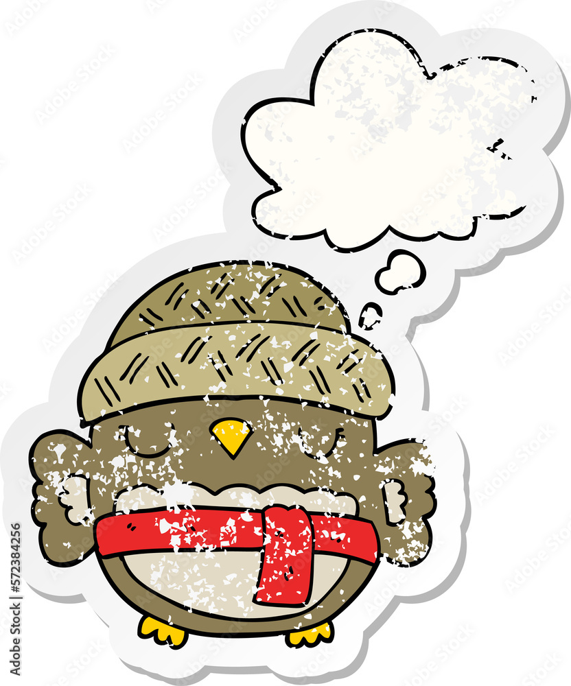 cute cartoon owl in hat and thought bubble as a distressed worn sticker cute cartoon owl in hat and thought bubble as a distressed worn sticker