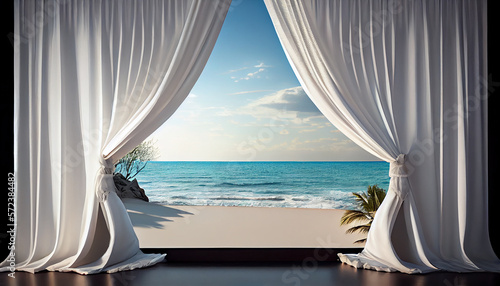 White curtains opening, revealing paradise beach. generative AI