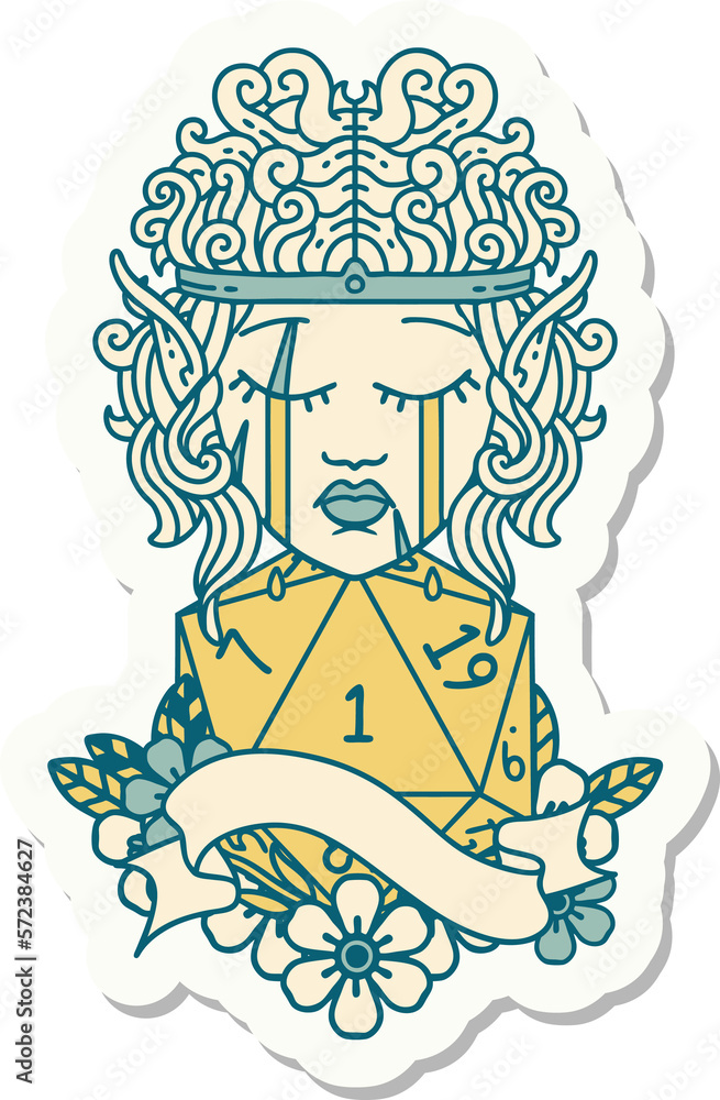 sad elf barbarian character face with natural one D20 roll sticker sad elf barbarian character face with natural one D20 roll sticker