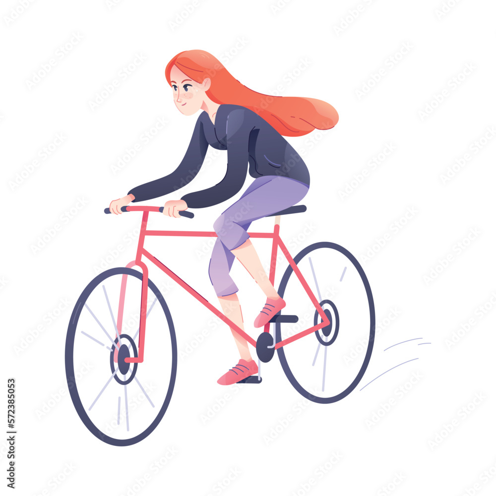 Redhead Woman Character Riding Bicycle Engaged in Sport Physical Activity Vector Illustration Redhead Woman Character Riding Bicycle Engaged in Sport Physical Activity Vector Illustration