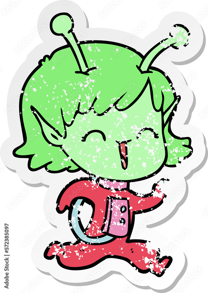 distressed sticker of a cartoon alien girl laughing distressed sticker of a cartoon alien girl laughing