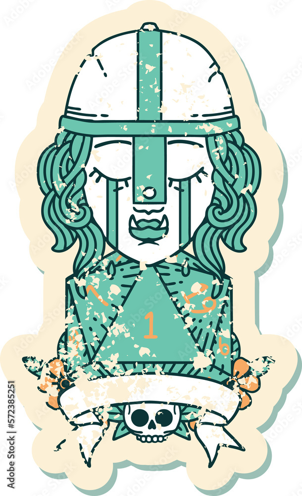 crying orc fighter character with natural one D20 roll illustration