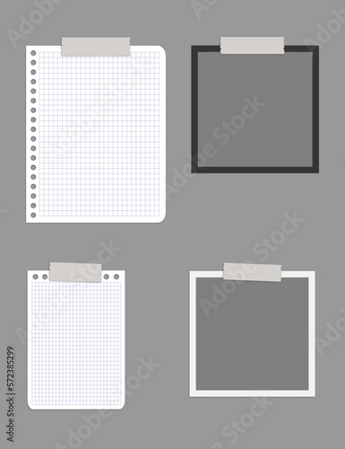collection of blank paper sheets, square Mood Board Mockup Template, blank note paper on rope, blank note papers on a wall