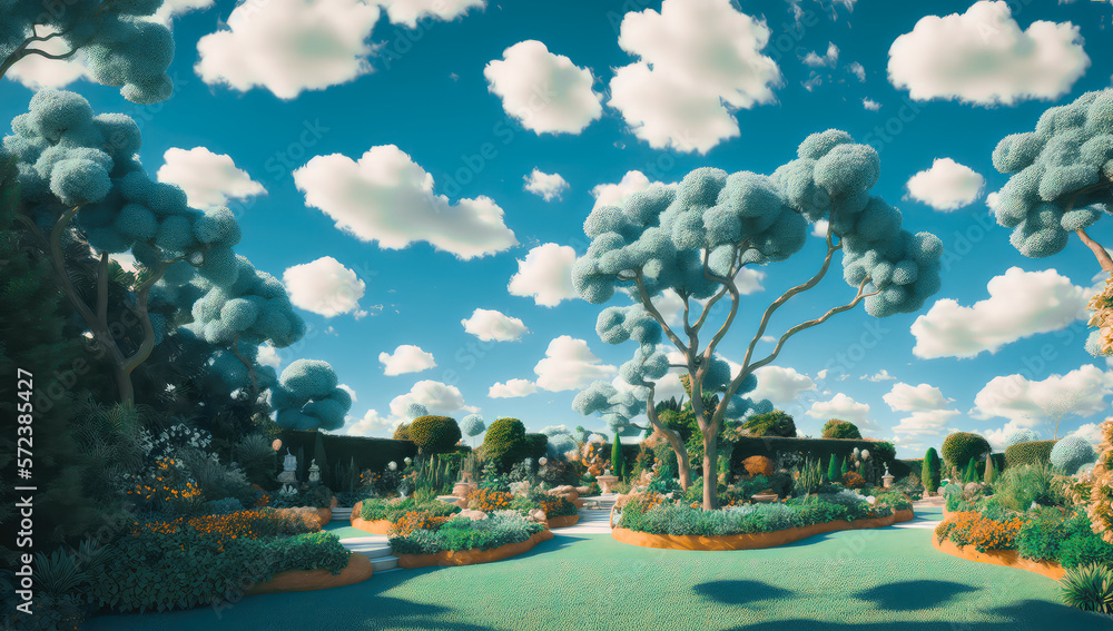 Surreal lush garden landscape with white clouds teal sky on sunny day and cozy atmospheric, heaven panorama park and landscape with a pond and trees with sky, tropical island in the sea. generative ai