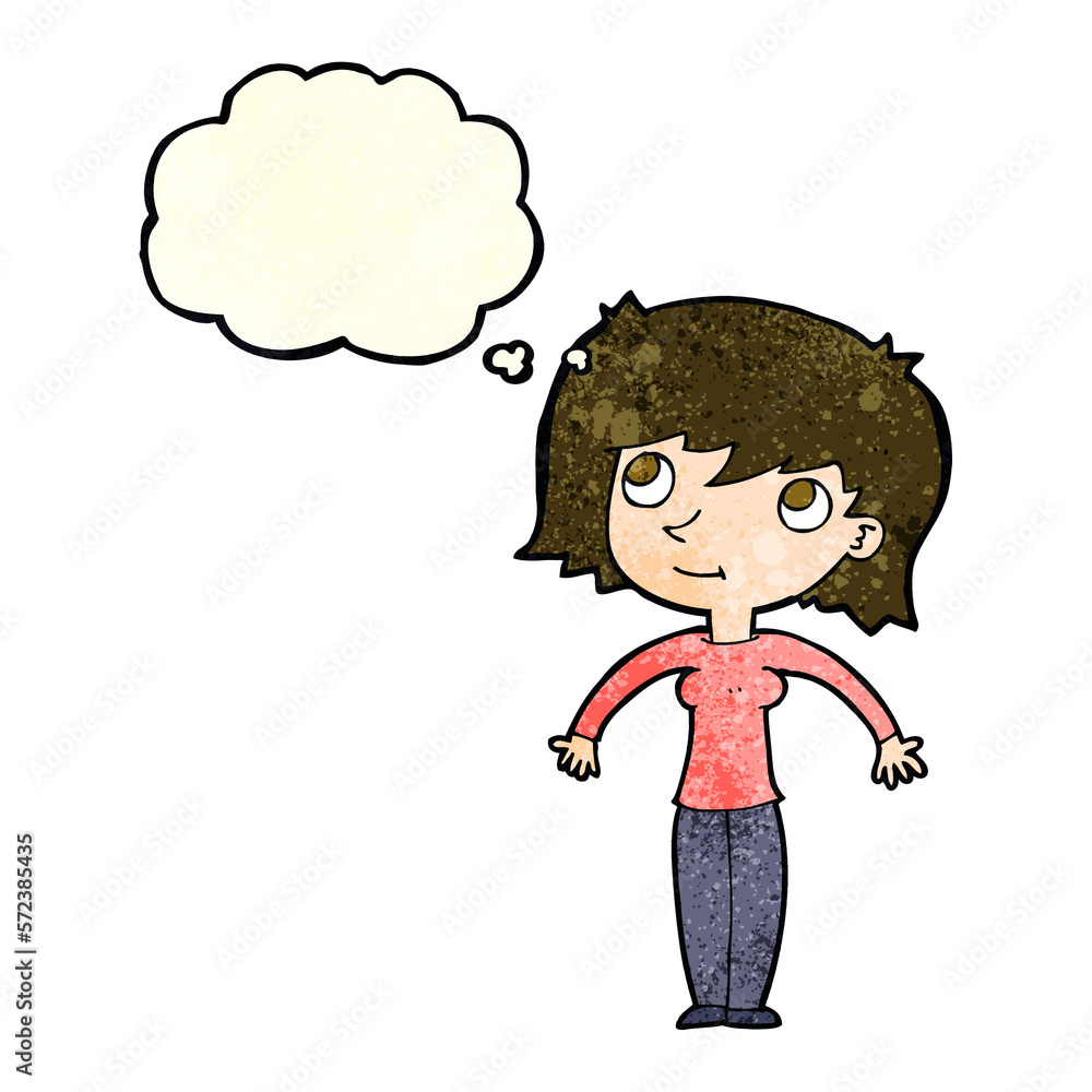 cartoon woman shrugging with thought bubble cartoon woman shrugging with thought bubble