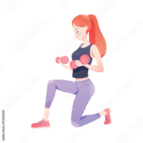 Redhead Woman Character Squatting with Dumbbells Engaged in Sport Physical Activity Vector Illustration