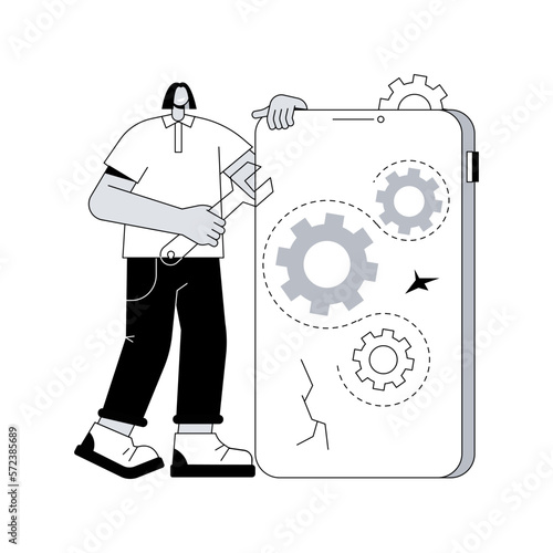 Mobile device repair abstract concept vector illustration. Mobile phone and tablet repair service, smartphone setup, device problem diagnostics, broken gadget, smartwatch fixing abstract metaphor.