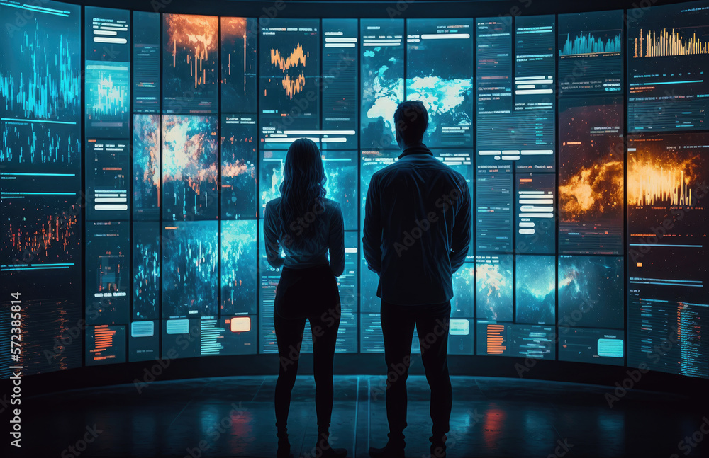 In the system control room project manager, multiple monitors with graphics, generative ai In the system control room project manager, multiple monitors with graphics, generative ai