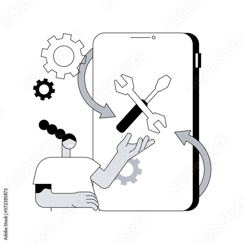 Refurbished device abstract concept vector illustration. Refurbished mobile phone, certified restored products, repaired electronics offer, used gadget, buy eco-friendly device abstract metaphor.