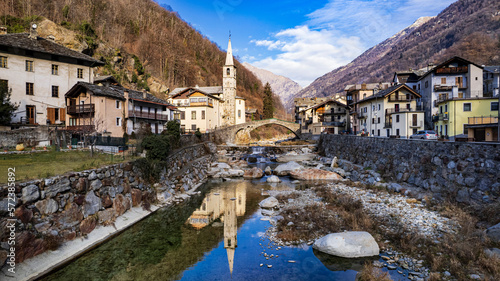 most beautiful Alpine villages of northern Italy- Fontainemore, medieval borgo in Valle d'Aosta region, aerial drone view