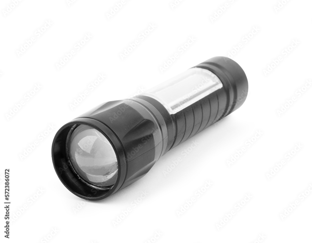 Black metallic flashlight close-up isolated on a white background. Black metallic flashlight close-up isolated on a white background.