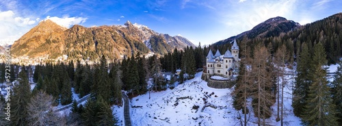amazing fairytale medieval castle Savoia in Valle d'Aosta north of Italy. aerial drone view panorama