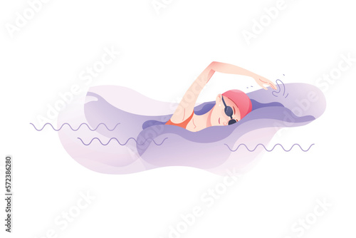 Woman Character Swimming in Goggles Engaged in Sport Physical Activity Vector Illustration