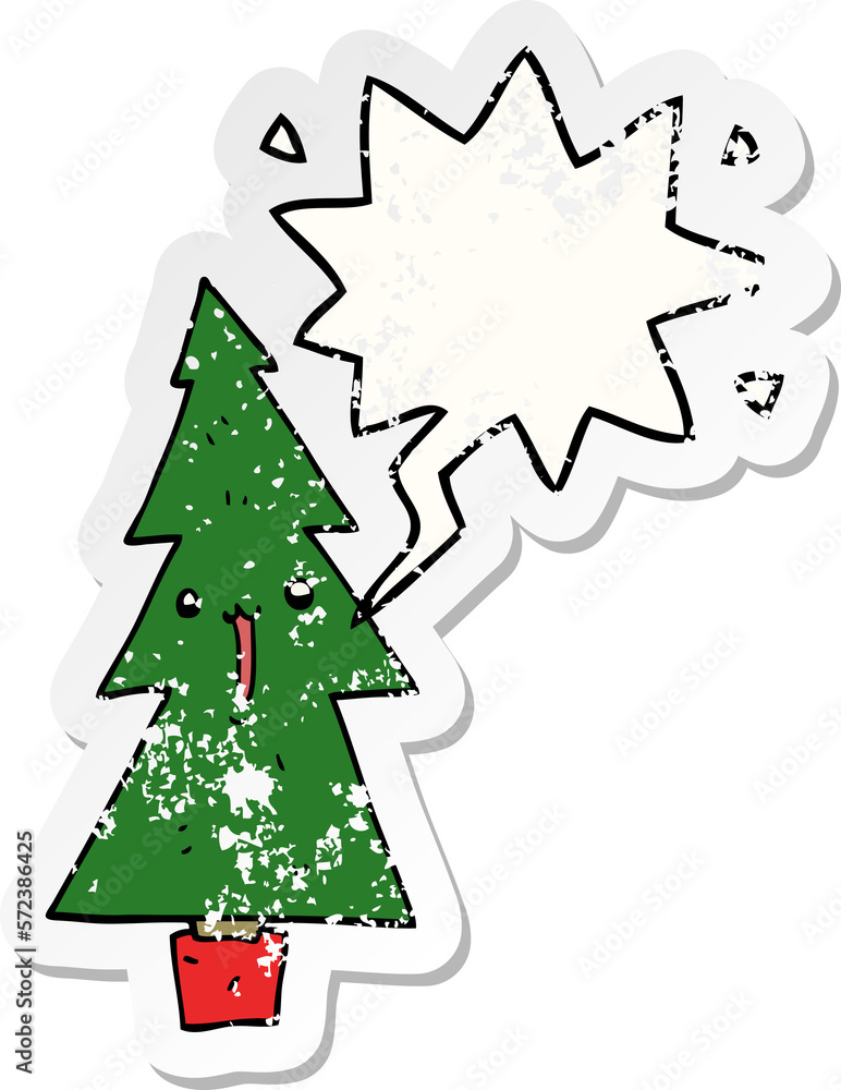 cartoon christmas tree and speech bubble distressed sticker