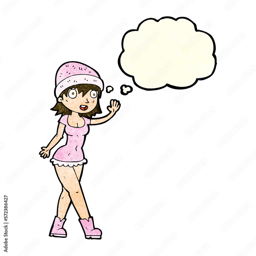 cartoon pretty girl in hat waving with thought bubble cartoon pretty girl in hat waving with thought bubble