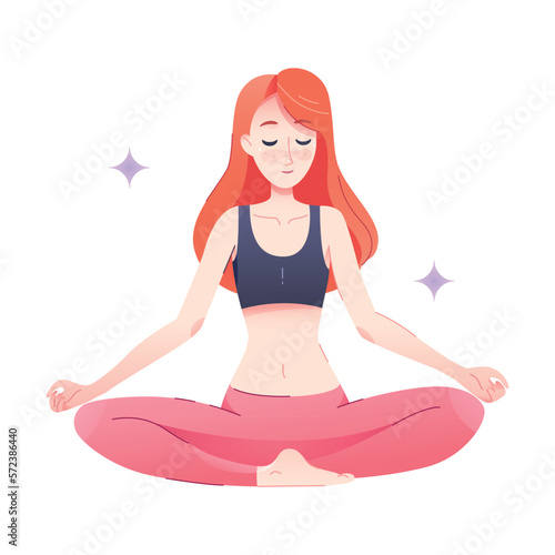 Redhead Woman Character Sitting in Lotus Yoga Pose Engaged in Sport Physical Activity Vector Illustration