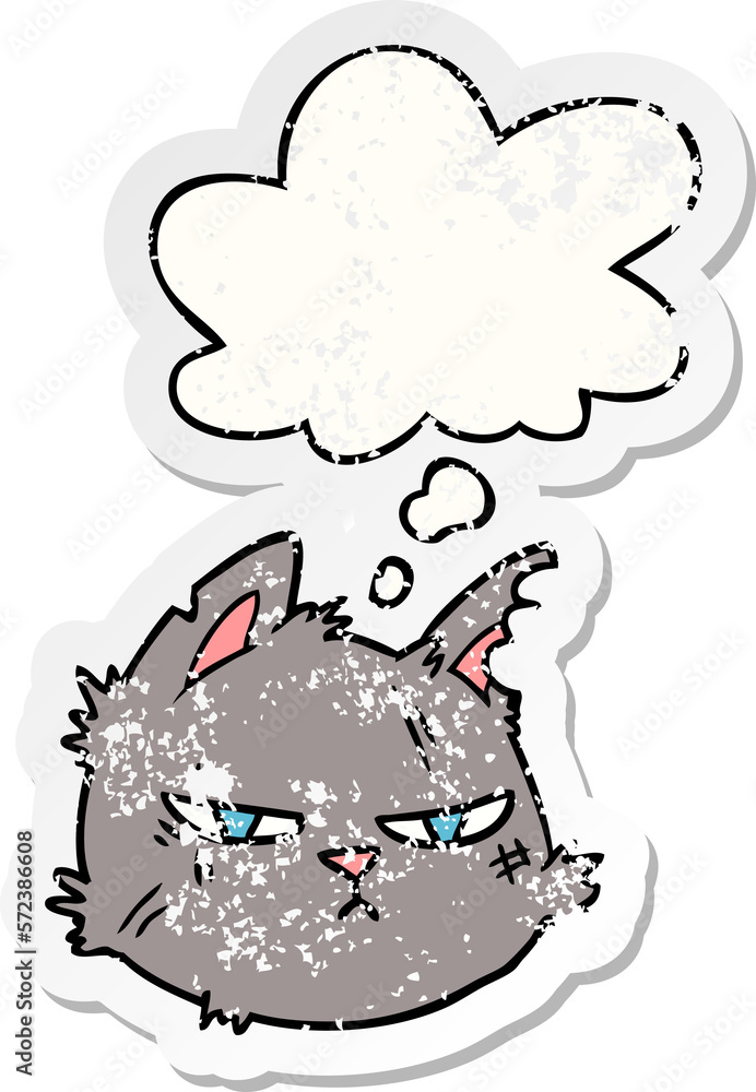 cartoon tough cat face and thought bubble as a distressed worn sticker cartoon tough cat face and thought bubble as a distressed worn sticker
