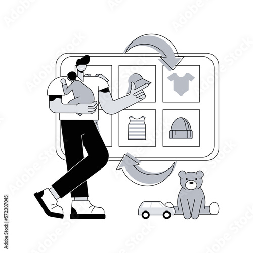 Baby clothes trade-in abstract concept vector illustration. Used kids toys and clothes in exchange for cash or coupons, child fashion store, second hand, baby gear, resale shop abstract metaphor.