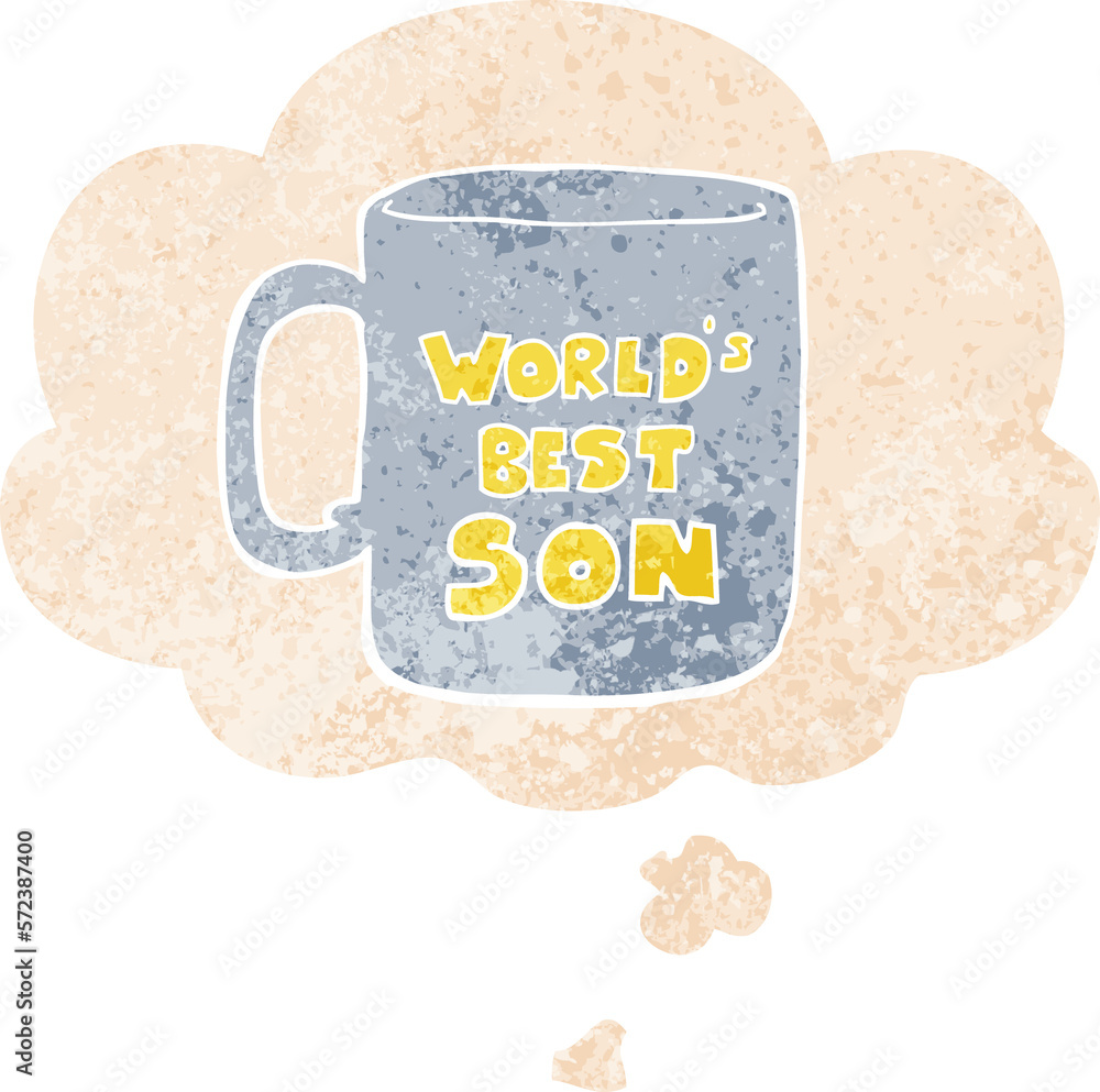 worlds best son mug and thought bubble in retro textured style