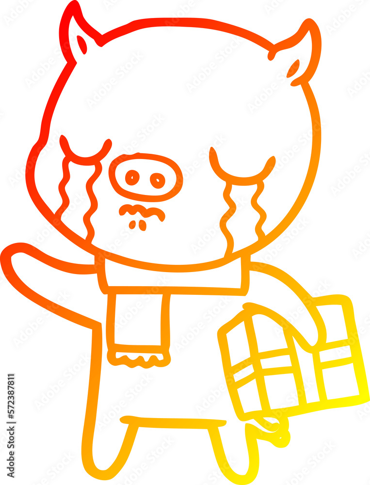 warm gradient line drawing cartoon pig crying over christmas present warm gradient line drawing cartoon pig crying over christmas present