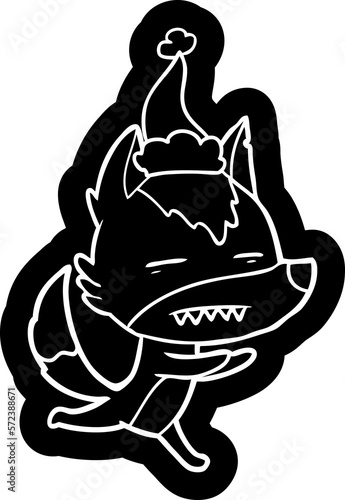 cartoon icon of a wolf showing teeth wearing santa hat
