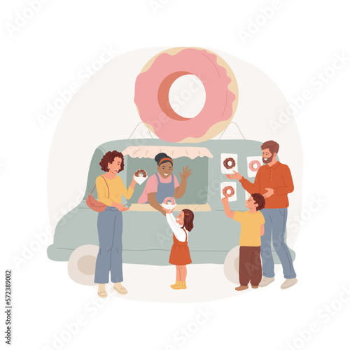 Donut truck isolated cartoon vector illustration. Smiling parents with kids buying sweets near donut truck, family lifestyle, common food habits, spending weekend together vector cartoon.