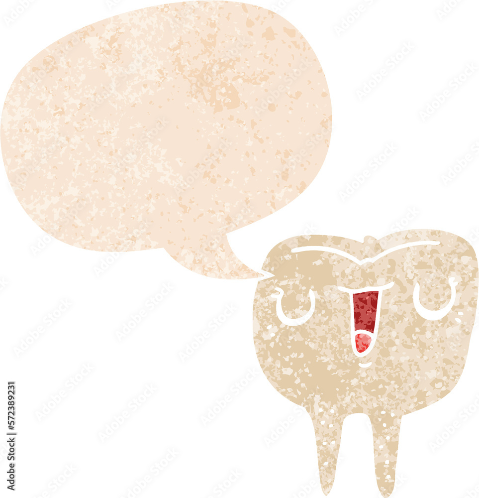 cartoon happy tooth and speech bubble in retro textured style cartoon happy tooth and speech bubble in retro textured style