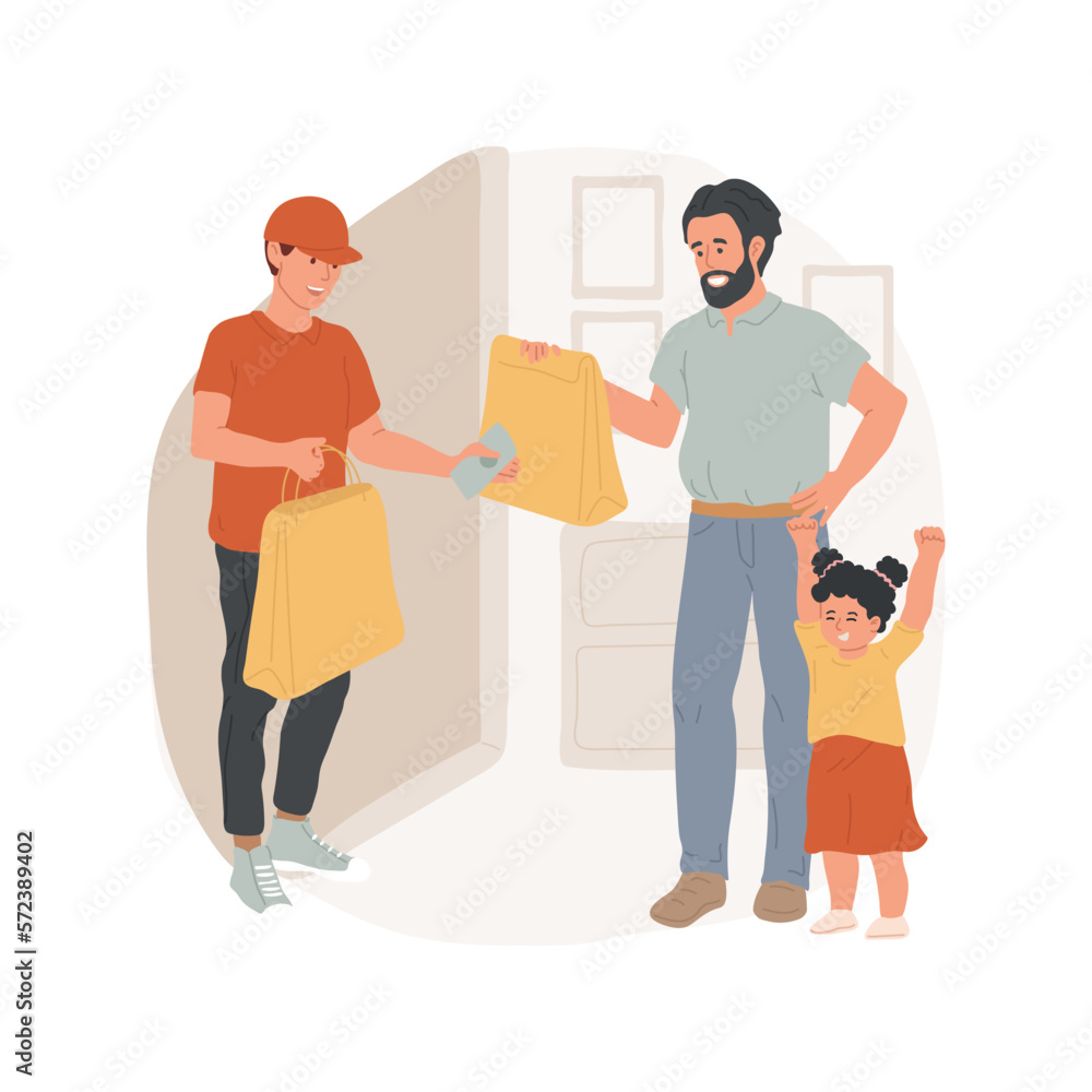 Wok delivery isolated cartoon vector illustration. Guy from wok delivery service holds noodles boxes, people waiting for food shipping, family lifestyle, tasty meal habits vector cartoon.