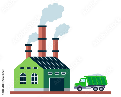 truck rides to an industrial plant with pipes. flat vector illustration.