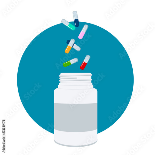 Medicine box, pills falling into the box.