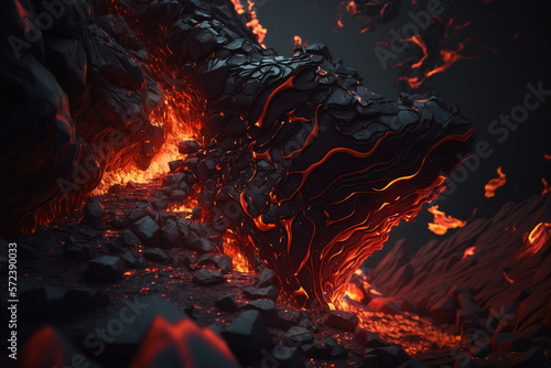 Fototapeta Naklejka Na Ścianę i Meble -   Black red lava volcano background with abstract box rectangle geometric shapes modern element for banner, presentation design and flyer. High quality 3d illustration