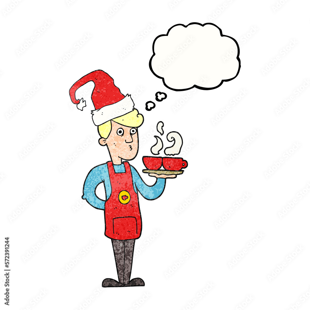 thought bubble textured cartoon barista serving coffee at christmas thought bubble textured cartoon barista serving coffee at christmas