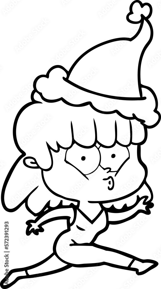 line drawing of a woman running wearing santa hat line drawing of a woman running wearing santa hat