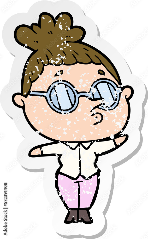 distressed sticker of a cartoon woman wearing glasses distressed sticker of a cartoon woman wearing glasses