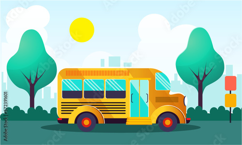 vector illustration of a school bus scene through the city