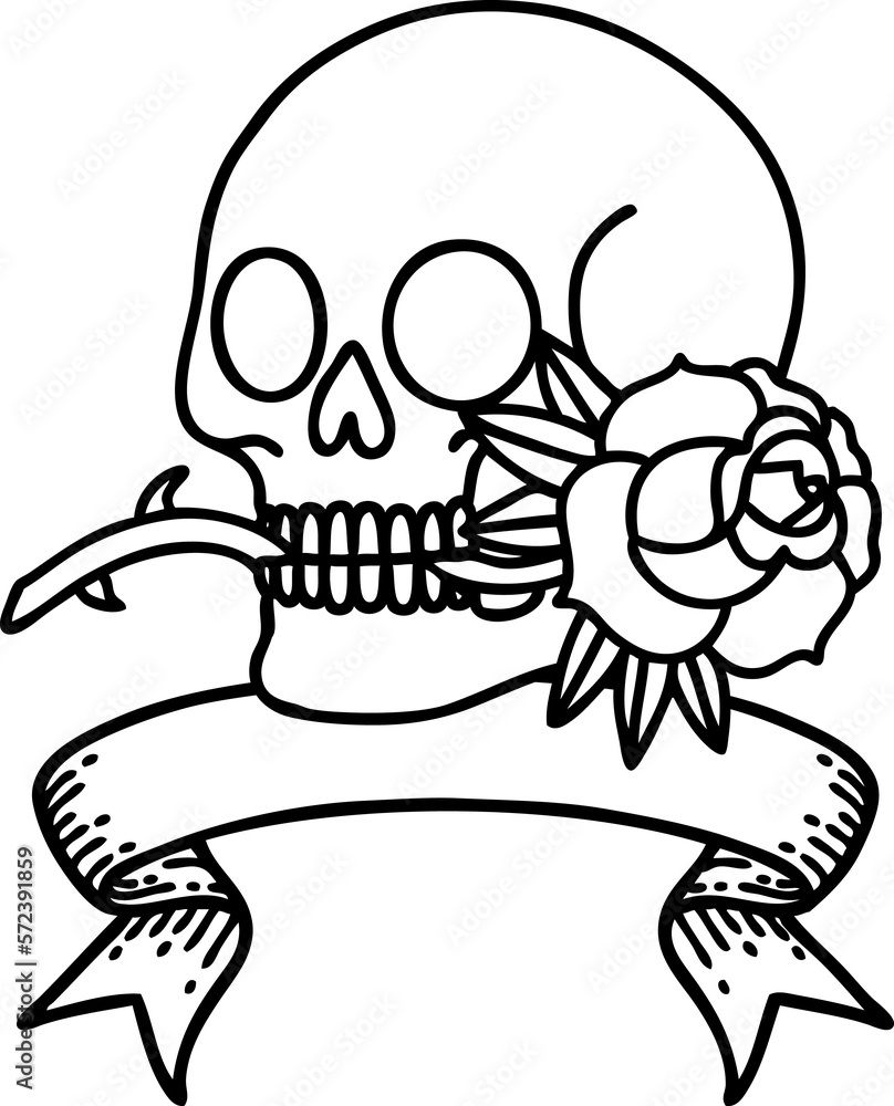 black linework tattoo with banner of a skull and rose black linework tattoo with banner of a skull and rose